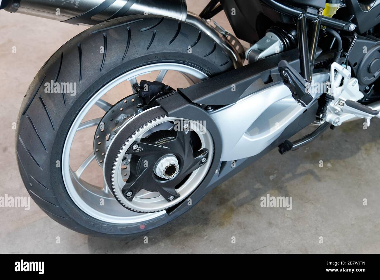 Bordeaux , Aquitaine / France - 03 07 2020 : rear wheel of a new bmw  motorcycle with belt transmission in Motorrad motorbike dealership  motorcycle Stock Photo - Alamy