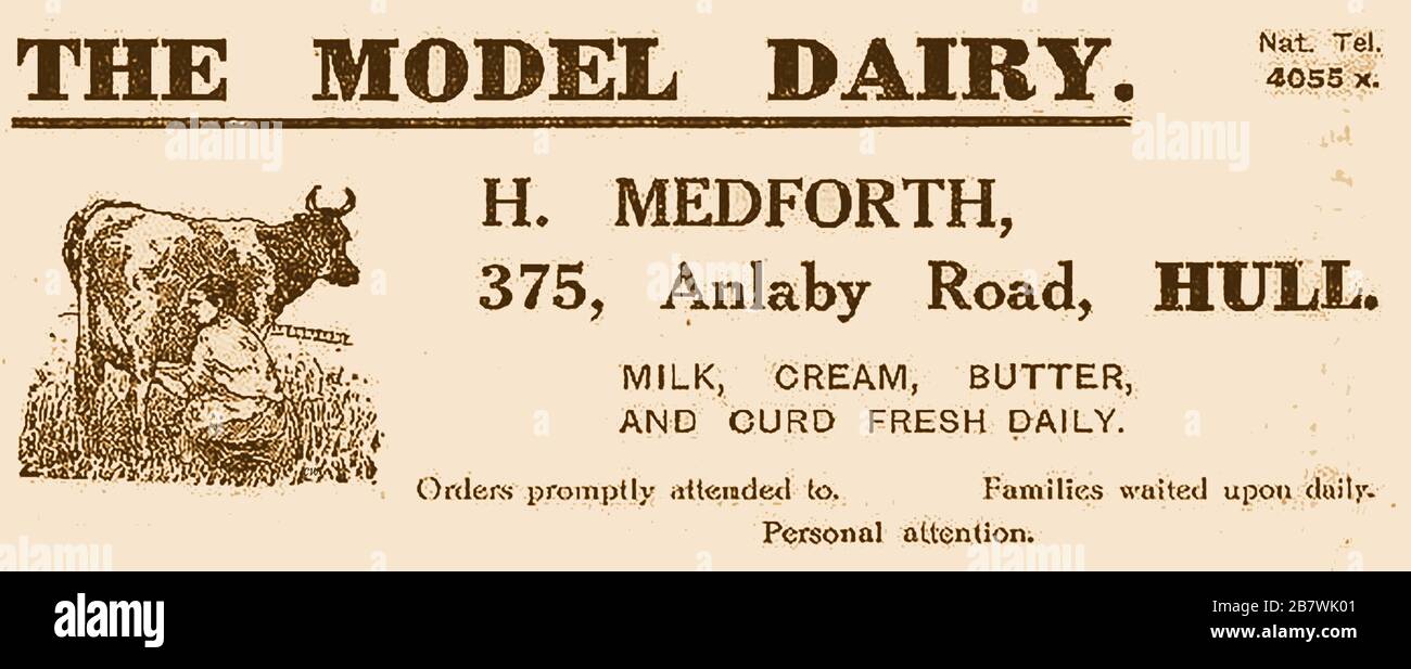 A 1916 advertisement for  H Medford,The Model Dairy, 375 Anlaby Road, Hull, (UK) advertising milk, cream, butter and fresh curds daily. Stock Photo