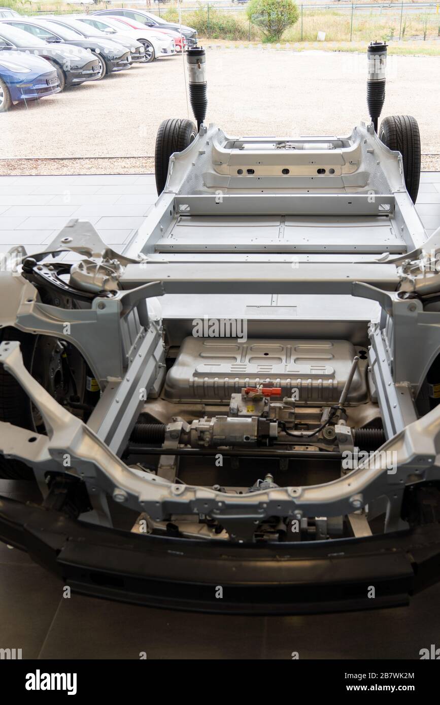 Bordeaux , Aquitaine / France - 11 25 2019 : tesla vehicle electric engine detail ve Car Chassis real in store showroom dealership store Stock Photo