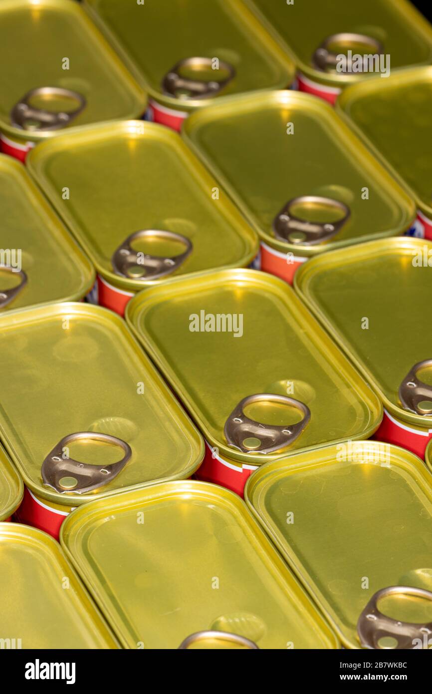 Canned food stockpiled in prepper pantry Stock Photo