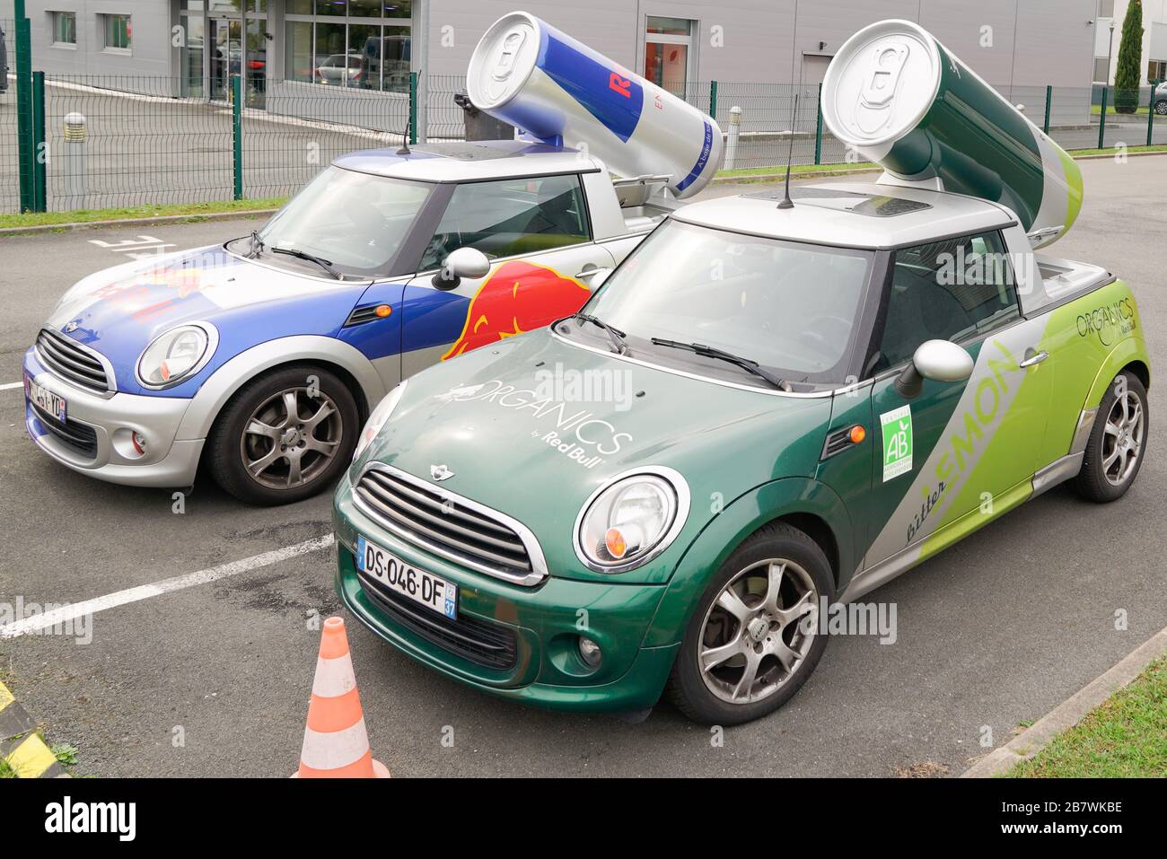 A blue / red / gray Red Bull print pattern Mini Cooper car, outside News  Photo - Getty Images