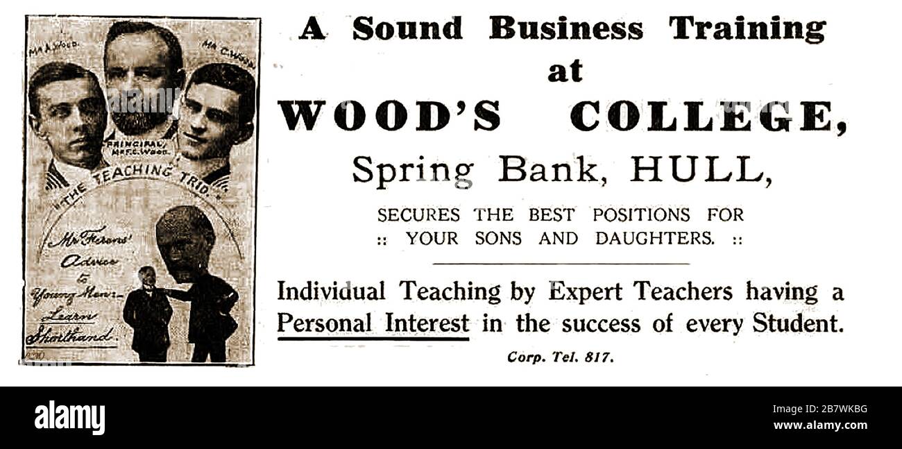 A 1916 advertisement for Woods teaching college, spring bank, Hull (UK) with portraits of the Principal F C Wood and teachers C Wood & A Wood, known as the 'Teaching trio' and a slogan advising all young men to learn shorthand. Stock Photo