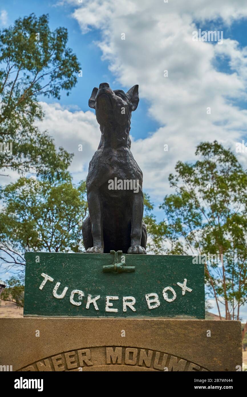 The famous Dog on a Tucker Box statue, memorial. In Gundagai, NSW, Australia. Stock Photo