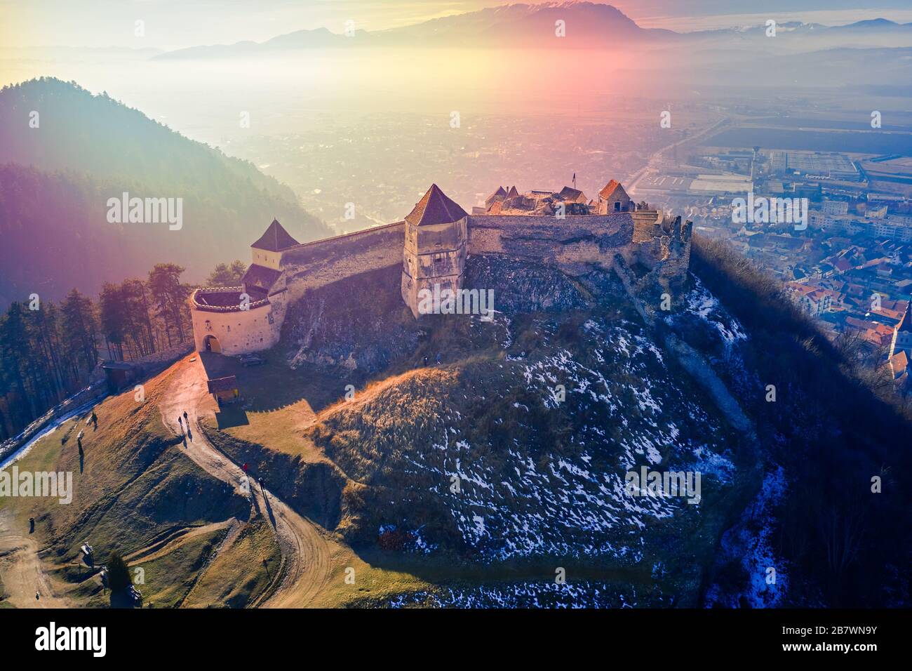 Aerial view of View of Rasnov Fortress and Rasnov city in Brașov ...