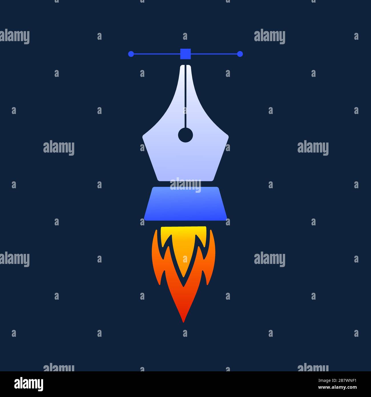 Creative rocket pen tool logo vector design template, with rocket and vector tool pen icon on dark background Stock Vector