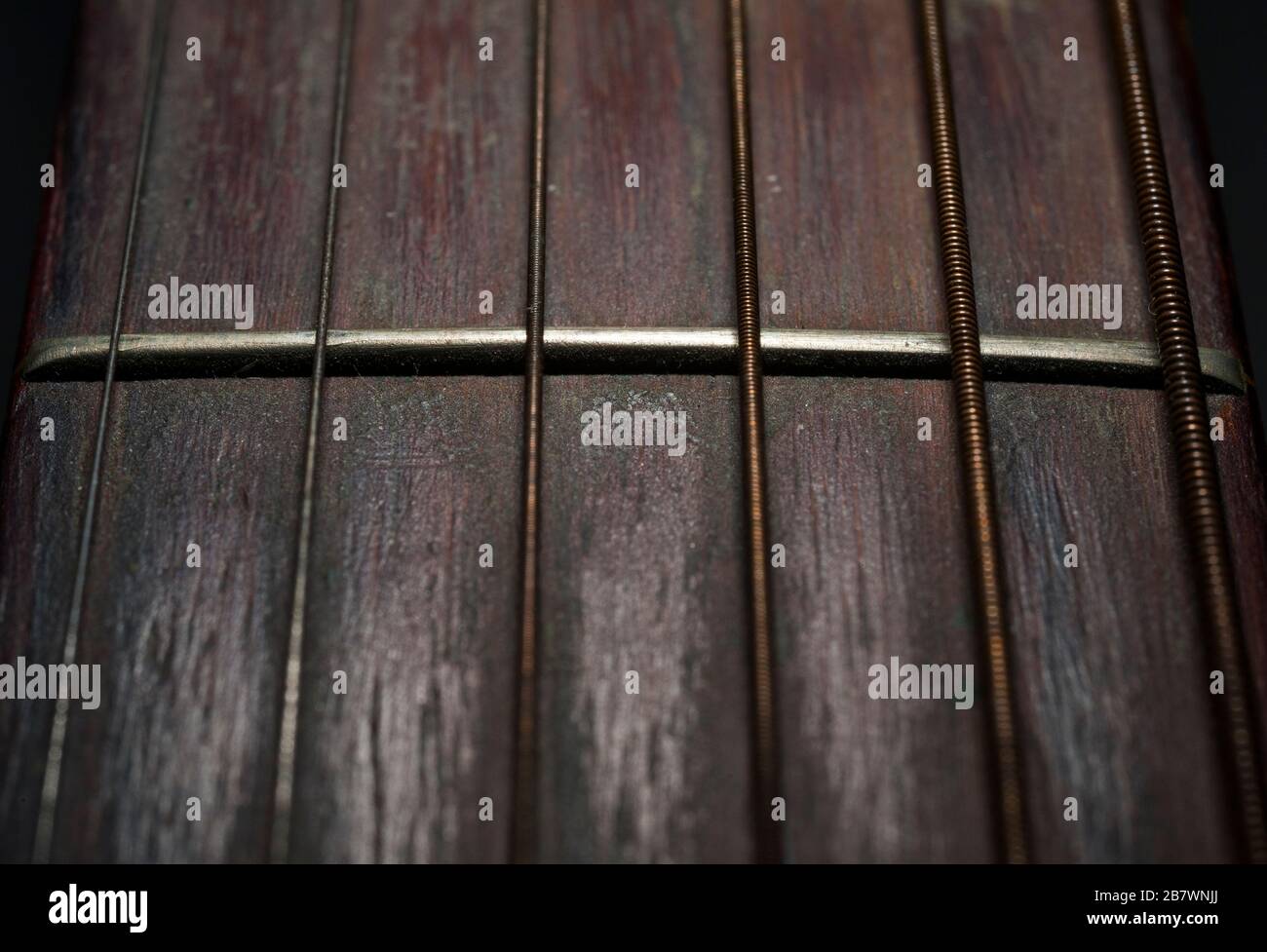 Close-up of an acoustic guitar fretboard. Stock Photo