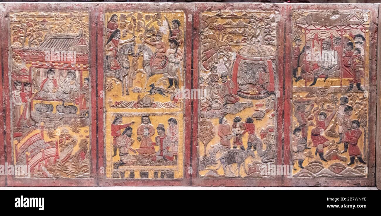 detail of painted gilded stone couch with three-sided screen, Northern Zhou dynasty, Shaanxi History Museum, Xian, China Stock Photo