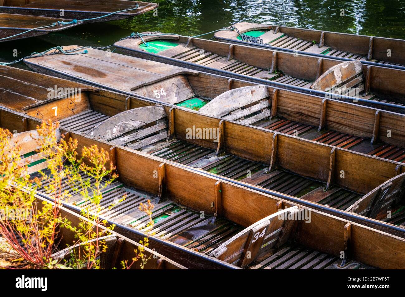 A group of unused punting boats alongside the riverbank in Oxford, UK Stock Photo