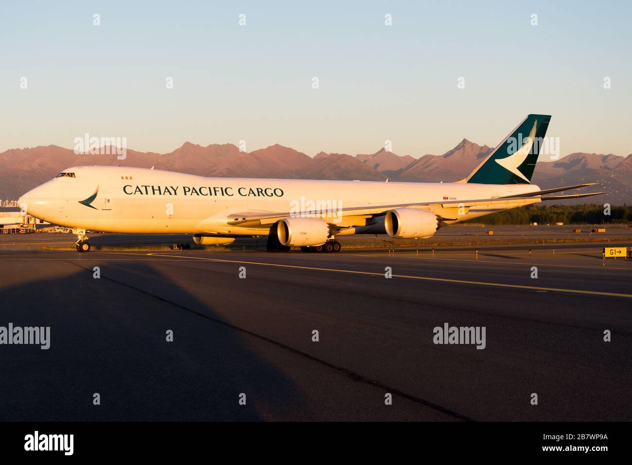 Cathay Pacific Cargo Boeing 747 freighter taxiing after arrival from Hong Kong Chep Lap Kok. Aircraft in Anchorage B-LJN. Stock Photo