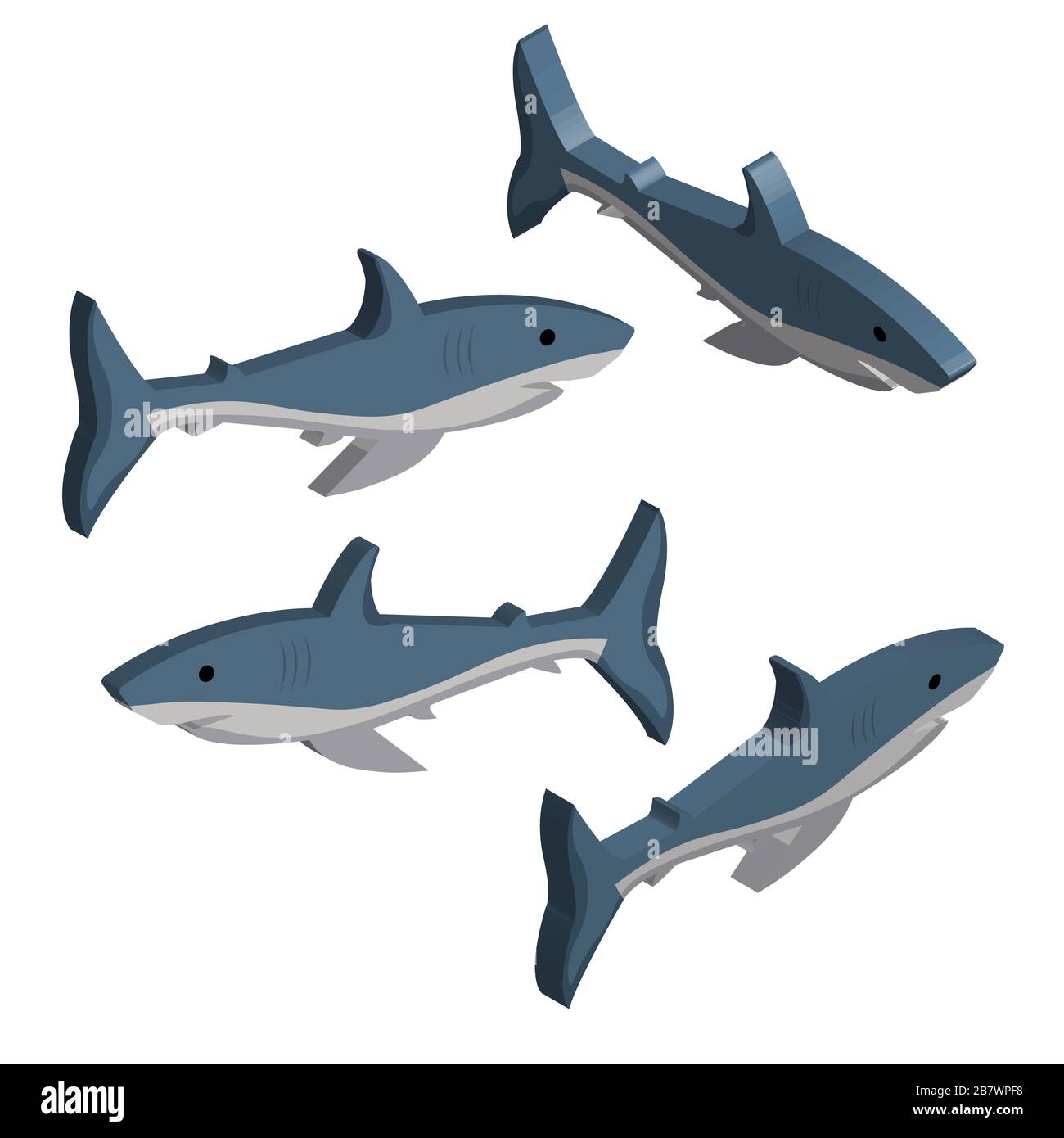 3D set of blue sharks isolated on white background Stock Vector