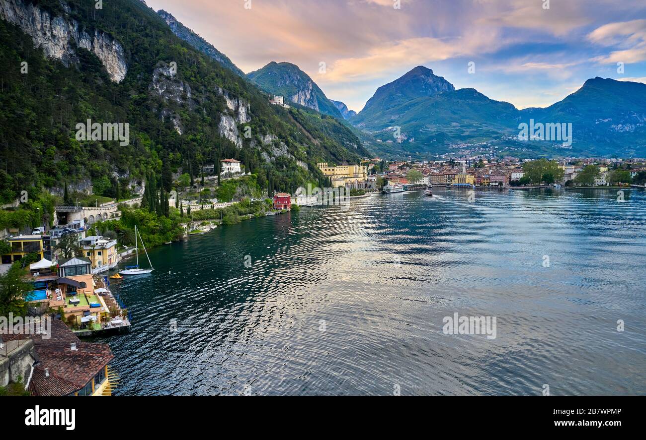 Ponale Riva Del Garda Beautiful landscape. View of Lake Garda and the Ponale trail carved ...