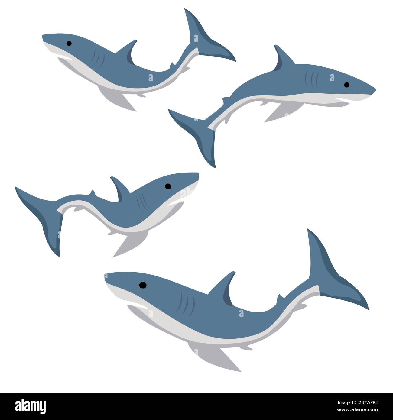 set of blue sharks isolated on white background Stock Vector