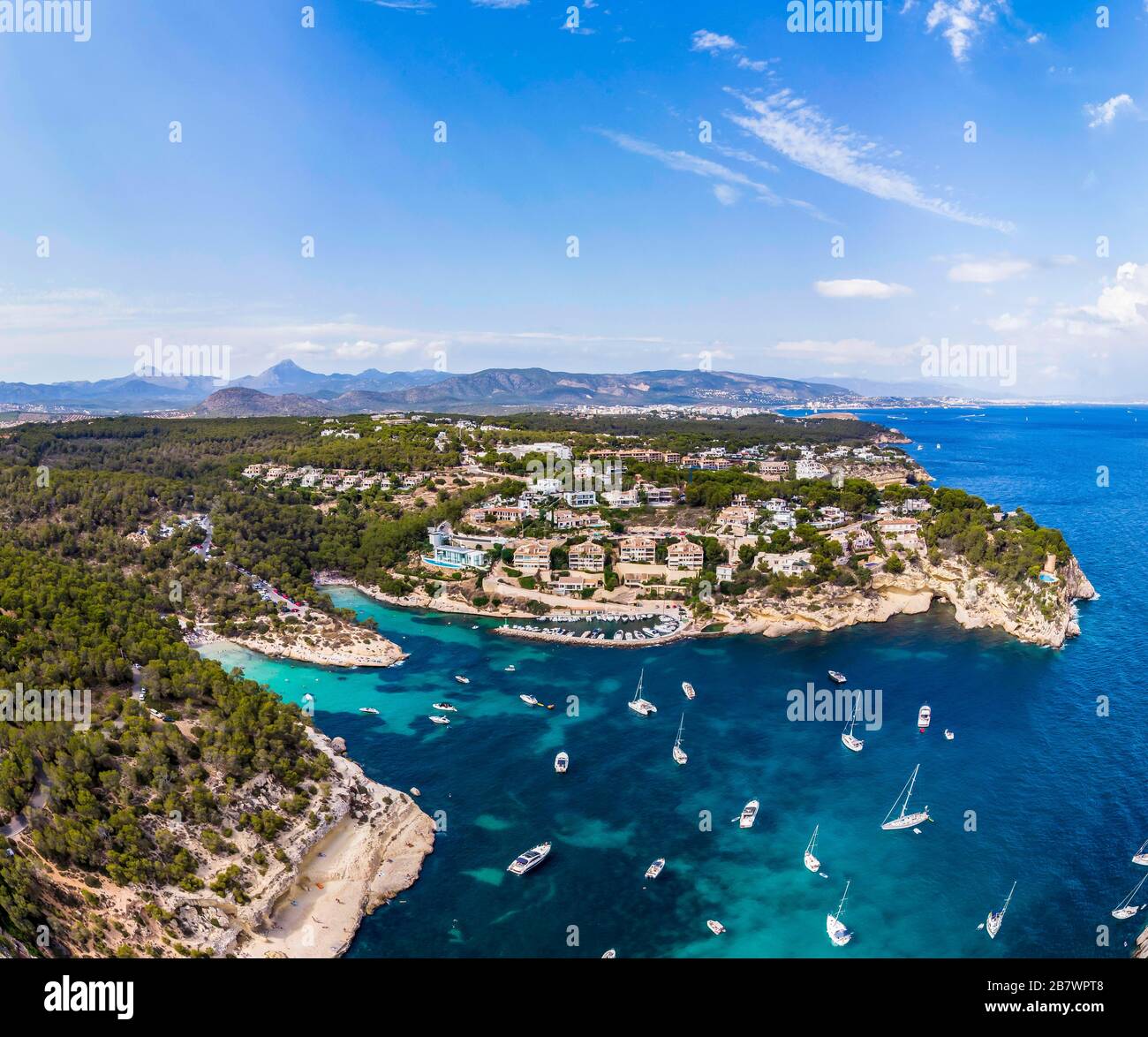 Aerial view, view over the three finger bay of Portals Vells, Majorca, Balearic Islands, Spain Stock Photo