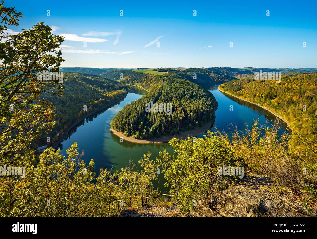 View of the Hohenwarte Reservoir in autumn, Saaleschleife, Upper Saale, nature park Park Thueringer Schiefergebirge/Obere Saale, Thuringia, Germany Stock Photo