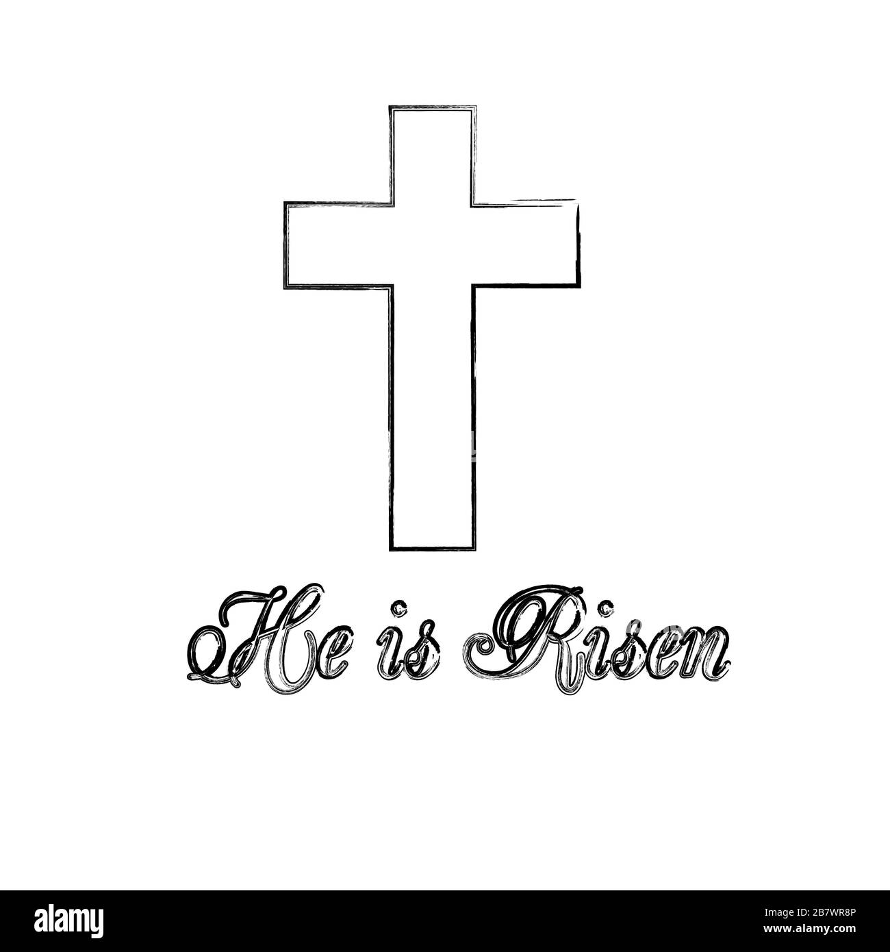 He is Risen text with cross on white background. Calligraphy lettering