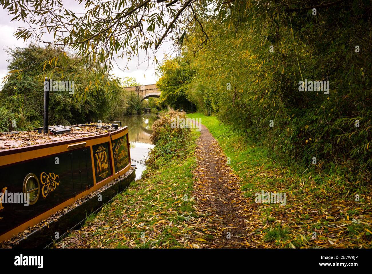 Canal boats on the foot path of a canal outside the city of Oxford, England. Stock Photo