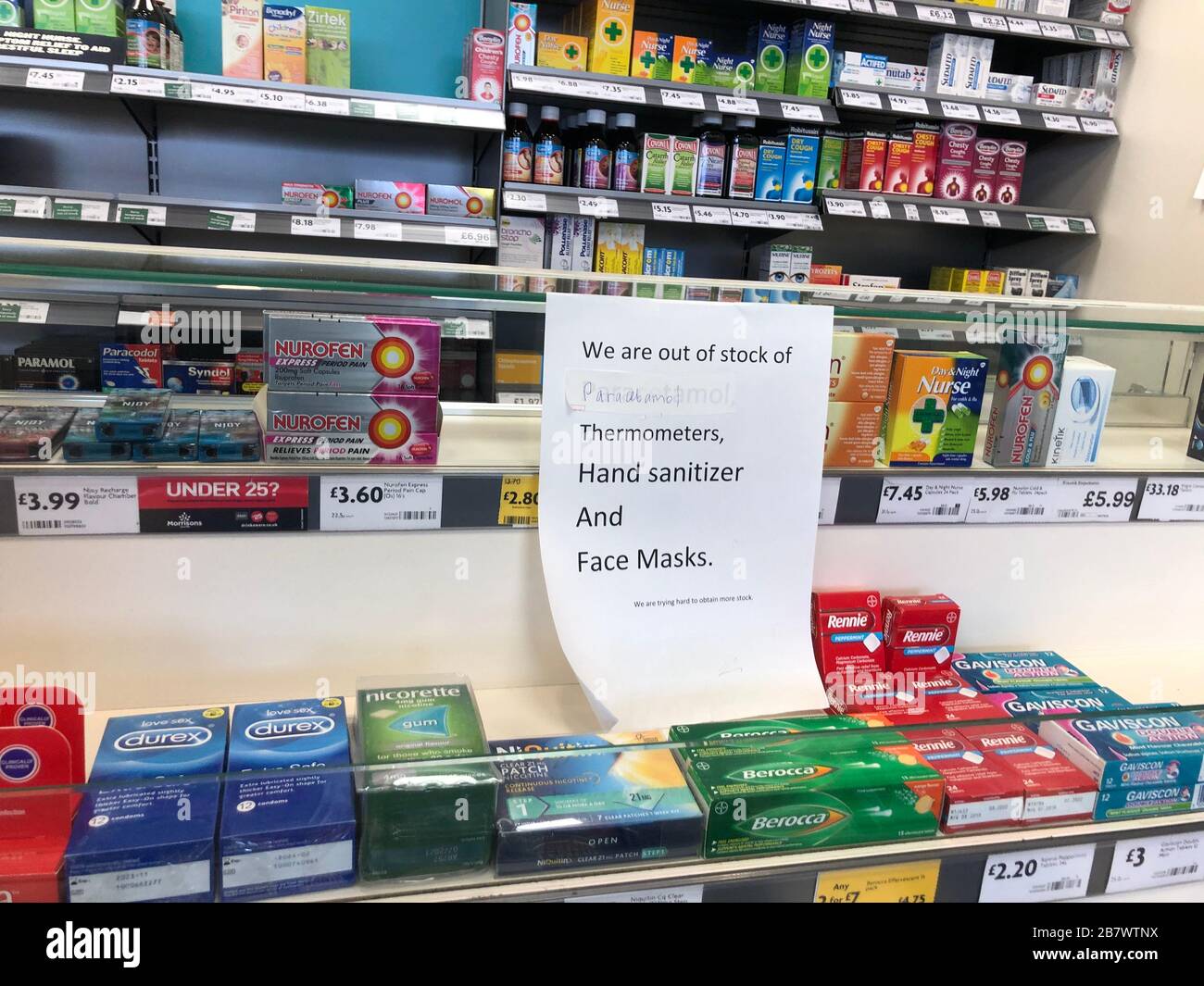 A sign at a Morrisons supermarket in Whitley Bay in North East England informing customers of out of stock items as the death toll from coronavirus in the UK reached 71 people. Stock Photo