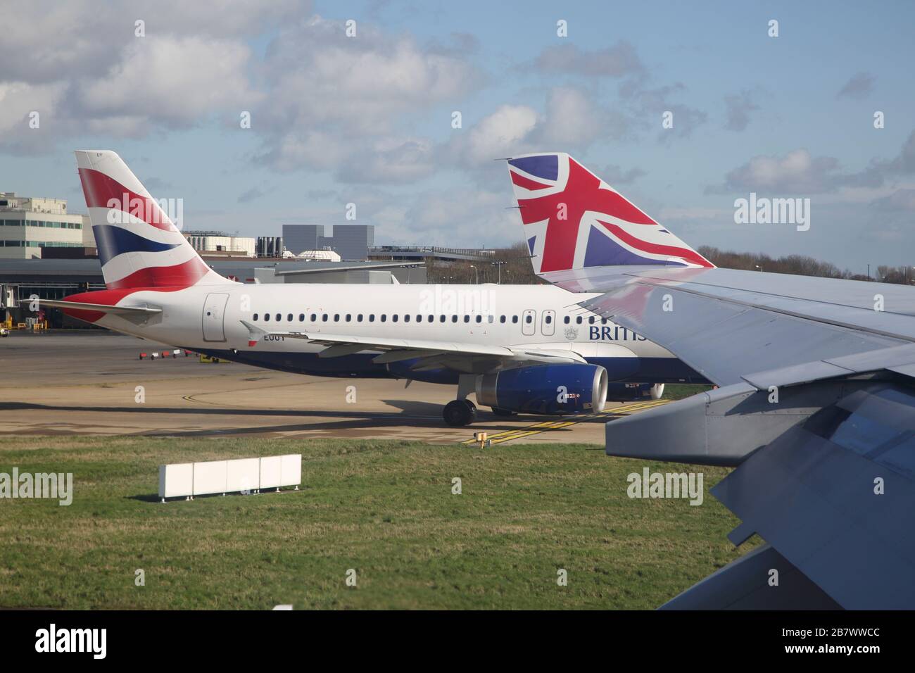 Gatwick Airport England  Aeroplane Boeing 747-400 (744)  Wing showing  Union Jack Design on Wing Tip Stock Photo