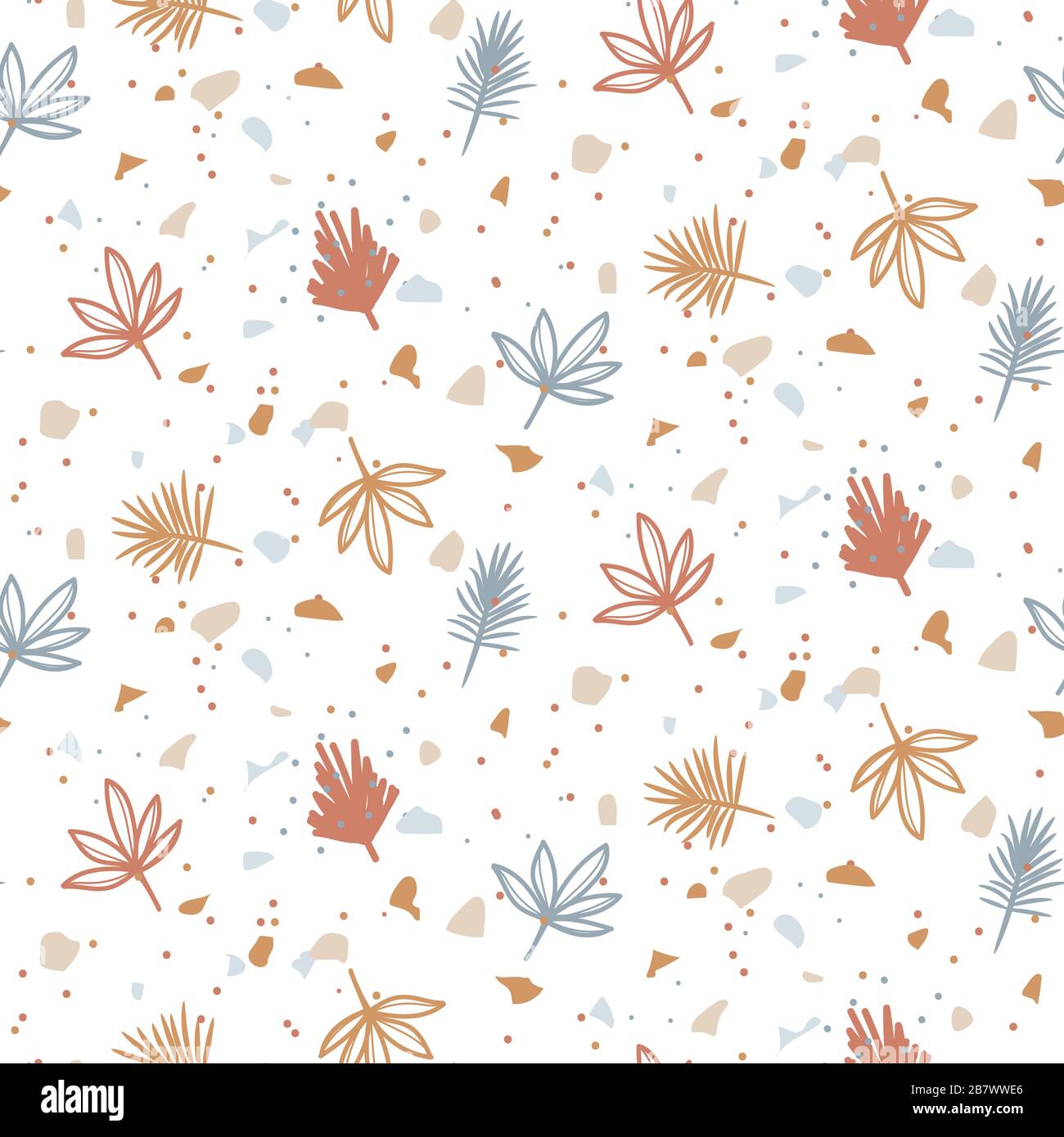 Seamless pattern with plants and terrazzo particles. Vector green blue bright background. Stock Vector