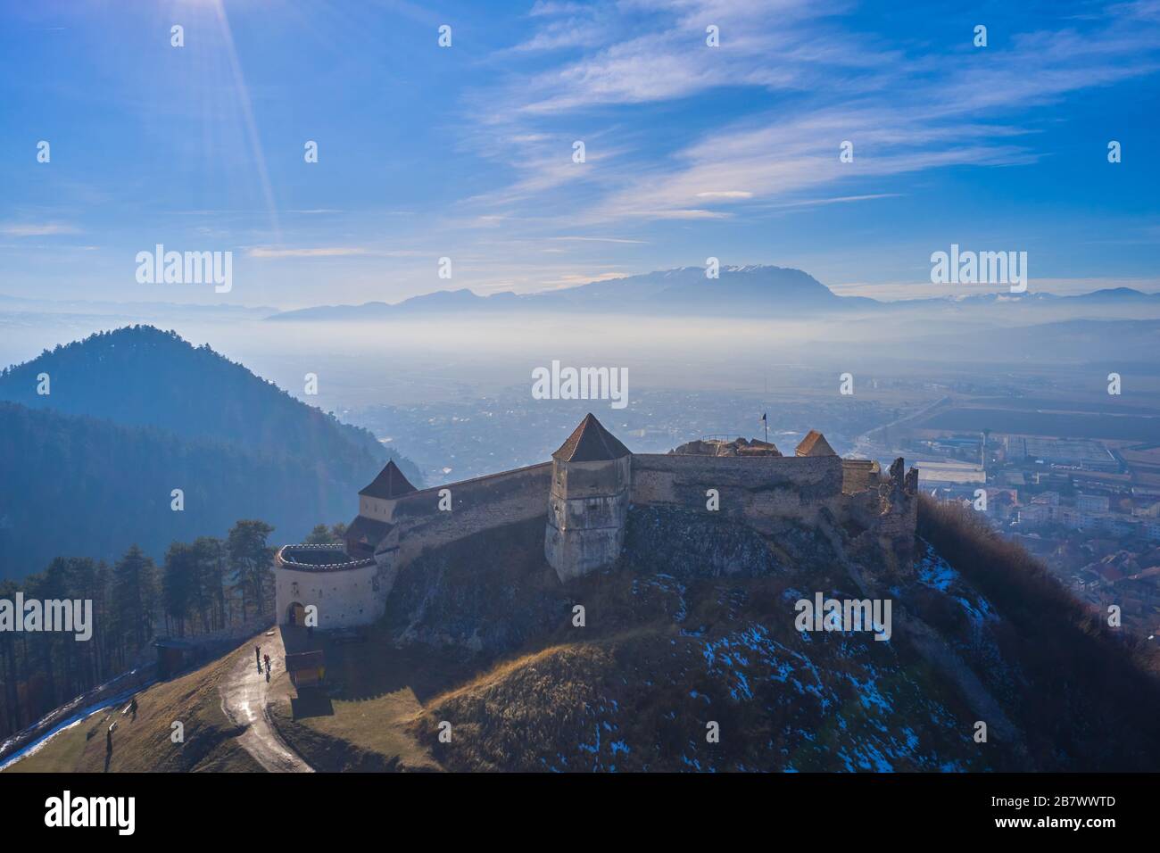 Aerial view of View of Rasnov Fortress and Rasnov city in Brașov, Transylvania, Romania Stock Photo