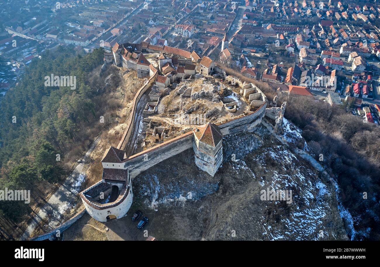 Aerial view of View of Rasnov Fortress and Rasnov city in Brașov, Transylvania, Romania Stock Photo