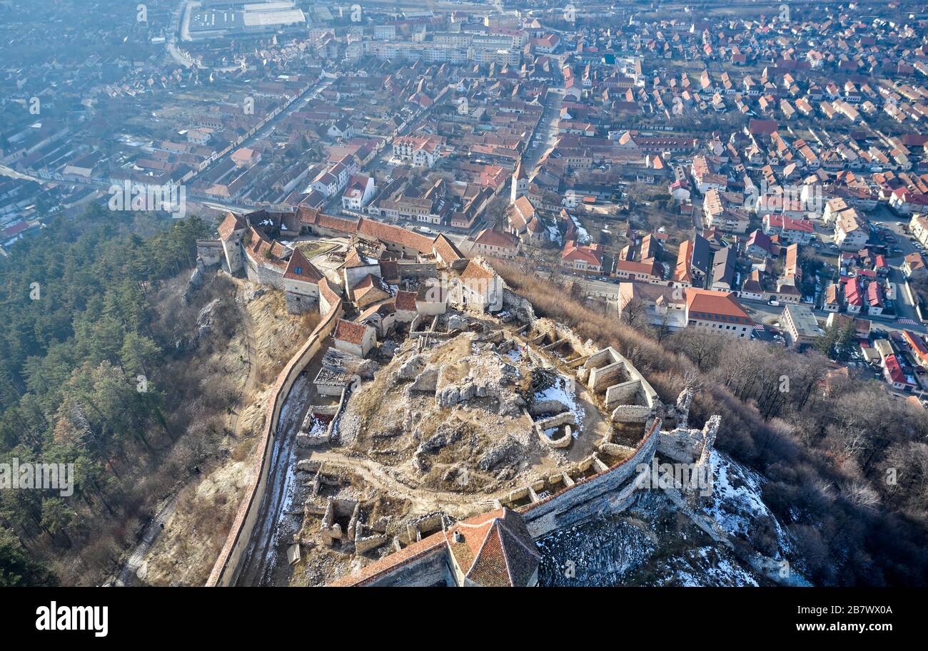 Aerial view of View of Rasnov Fortress and Rasnov city in Brașov, Transylvania, Romania Stock Photo
