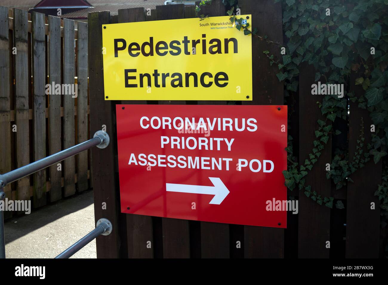 Coronavirus Priority Assessment Pod sign, Warwick Hospital, Warwickshire, UK Stock Photo