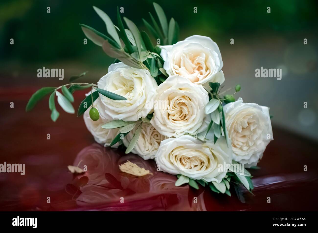 Beautiful wedding bouquet of white roses on a red hood of a car. Close-up. Background, texture. Tinting Stock Photo
