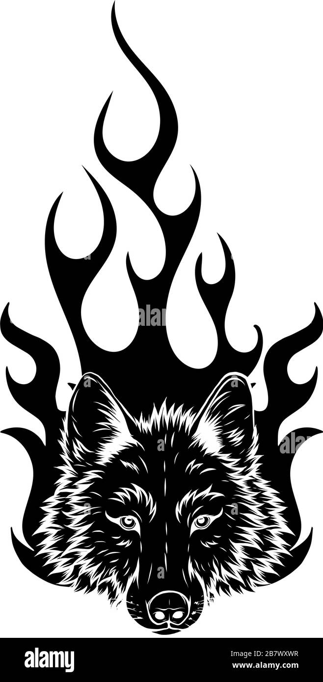 illustration of the wolf on fire for tattoo design Stock Vector