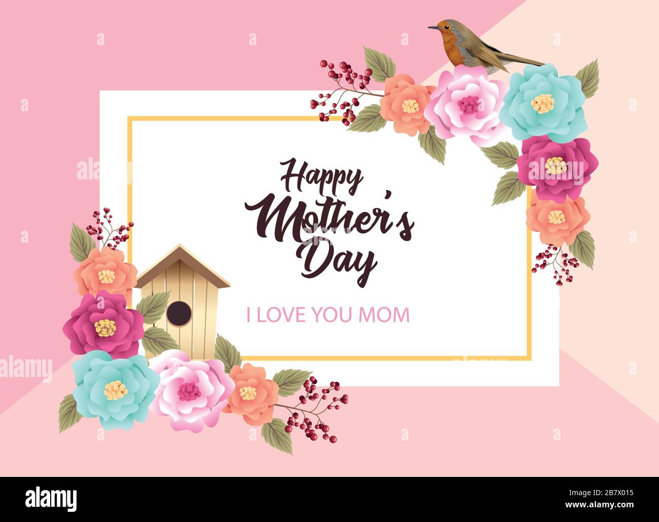 happy mothers day card with flowers and bird house square frame Stock