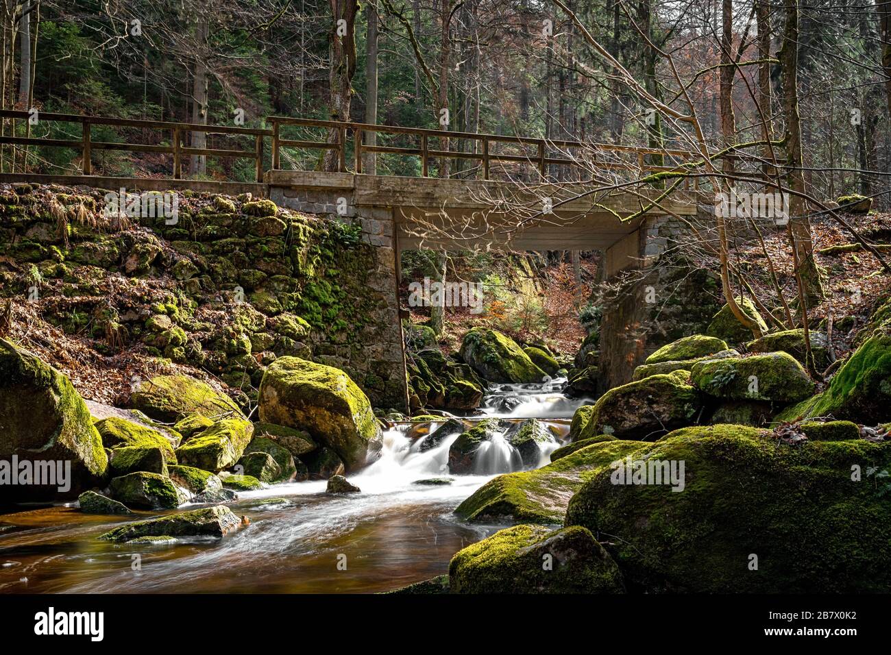 15.03.2020, the waterfall of the Ilse in Ilsenburg in a forest stucco in the northern Harz. Photo with long exposure of flowing water with ND filter. The Ilse is a 42.9 km long, southeastern and orographically right-hand tributary of the Oker in Saxony-Anhalt and Lower Saxony. It flows in the Harz and northern Harz foothills. | usage worldwide Stock Photo