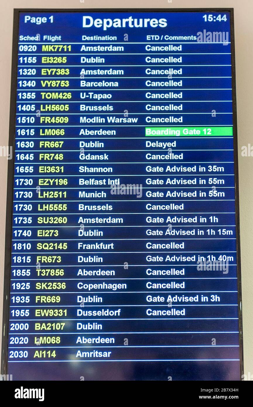 Birmingham, West Midlands, UK. 18th Mar, 2020. Many flights have been cancelled at Birmingham International Airport today due to the Covid-19 pandemic. Flights have been cancelled due to low passenger numbers and foreign airport restrictions. Credit: AG News/Alamy Live News Stock Photo