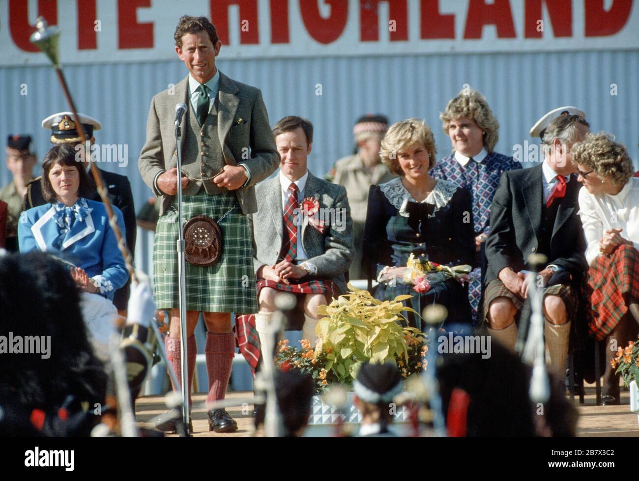 HRH Prince Charles and HRH Princess Diana watch the Bute Highland Games, Scotland September 1987 Stock Photo
