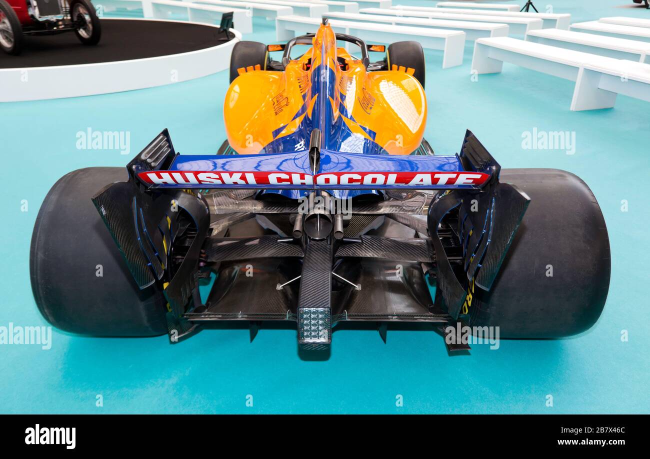 Rear view of Carlos Sainz Jr, 2019, McLaren MCL34 Formula 1 Car, on display at the Car Stories Stage, as part of 'A Tribute to Bruce McLaren' Stock Photo