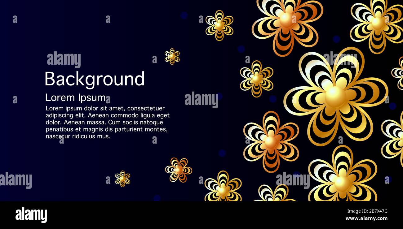 Abstract banner, golden flowers on a classic blue background. Template ...