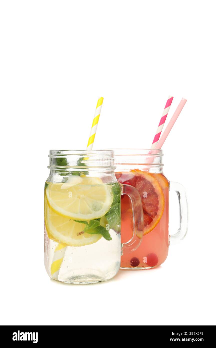 Glass jars of lemonade isolated on white background Stock Photo - Alamy