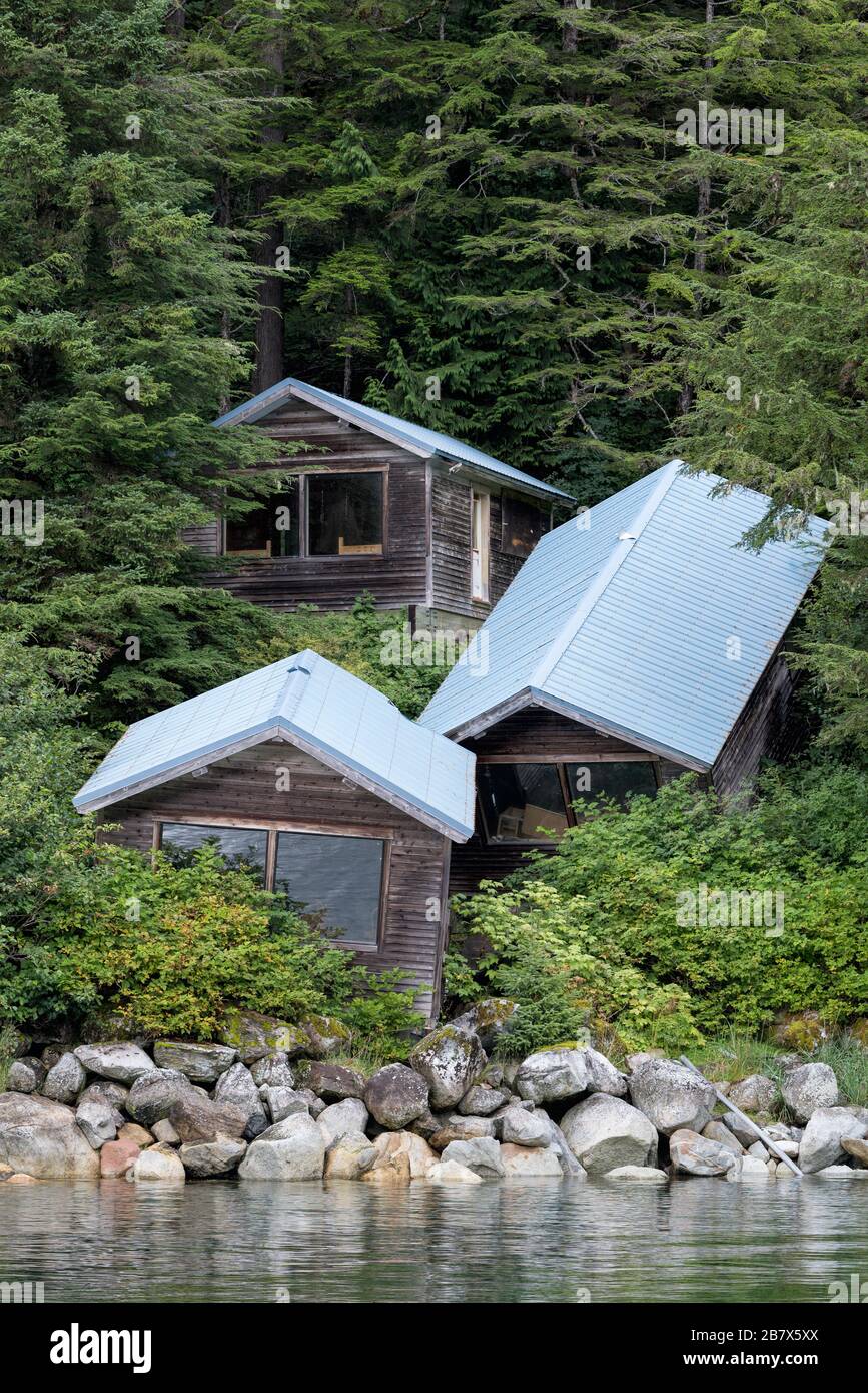 Cabins sliding down a slope in the small community of Baranof Warm