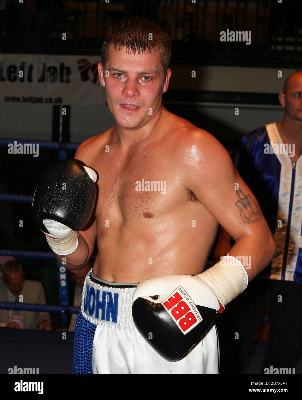 John Wayne Hibbert (blue/white shorts) defeats Andrew Patterson in a  Light-Middleweight boxing contest at York Hall, Bethnal Green, promoted by  Mirand Stock Photo - Alamy