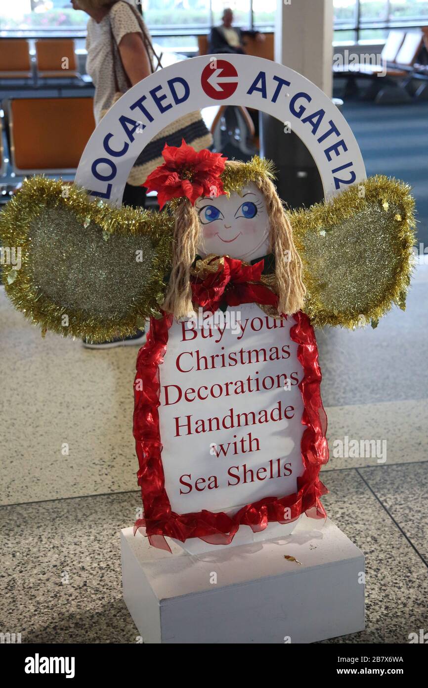 Barbados Grantly Adams International Airport Sign Christmas Decorations on Sale Stock Photo