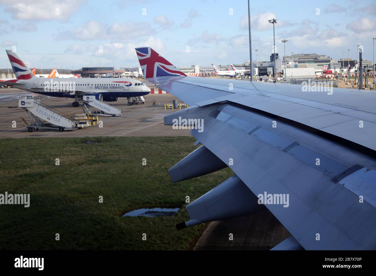 Gatwick Airport England  Aeroplane Boeing 747-400 (744) View of Wing showing Flap Track Fairings and Union Jack Design on Wing Tip and British Airways Stock Photo