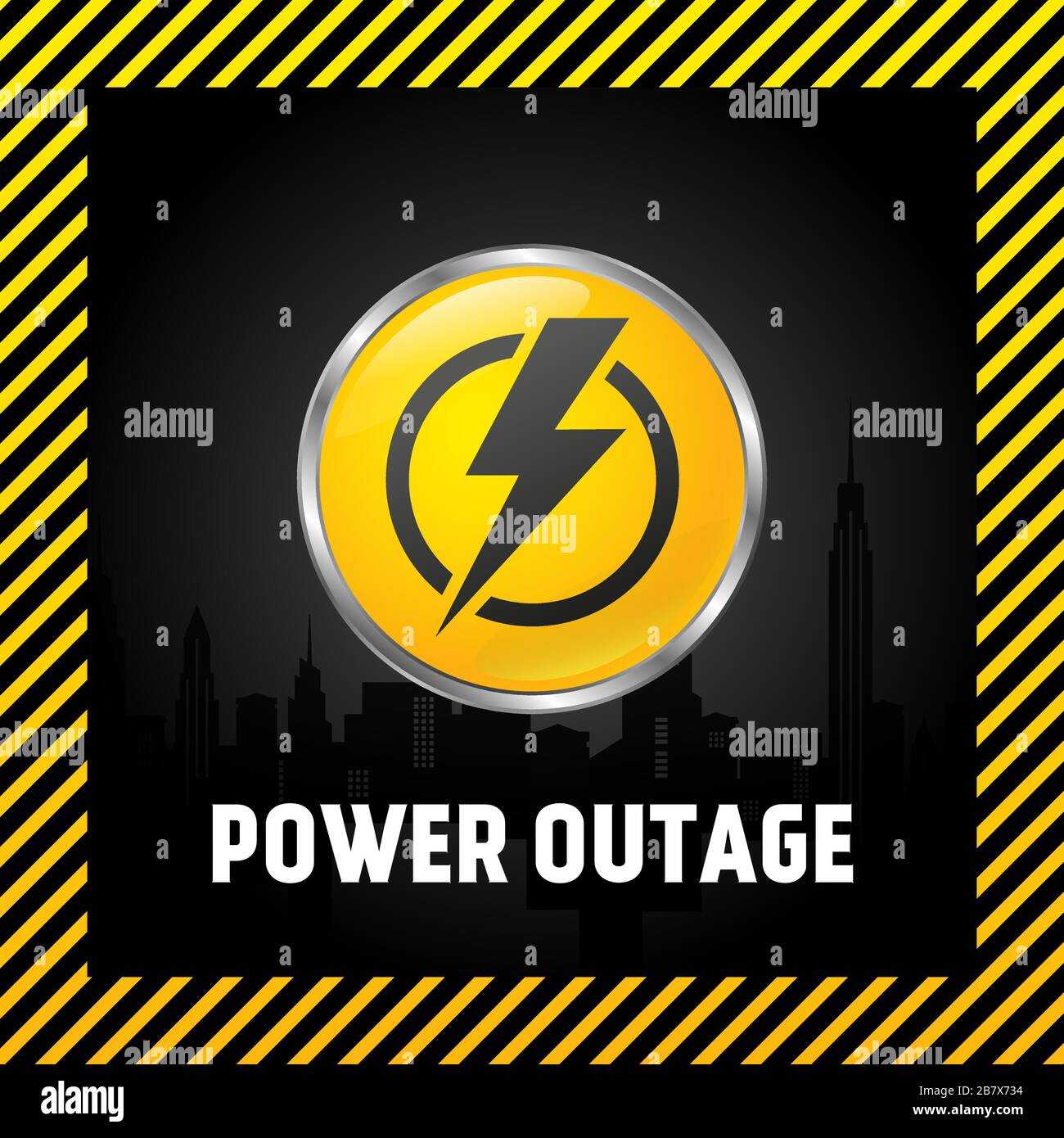 Large power off button, warning poster in yellow and black. 3D style