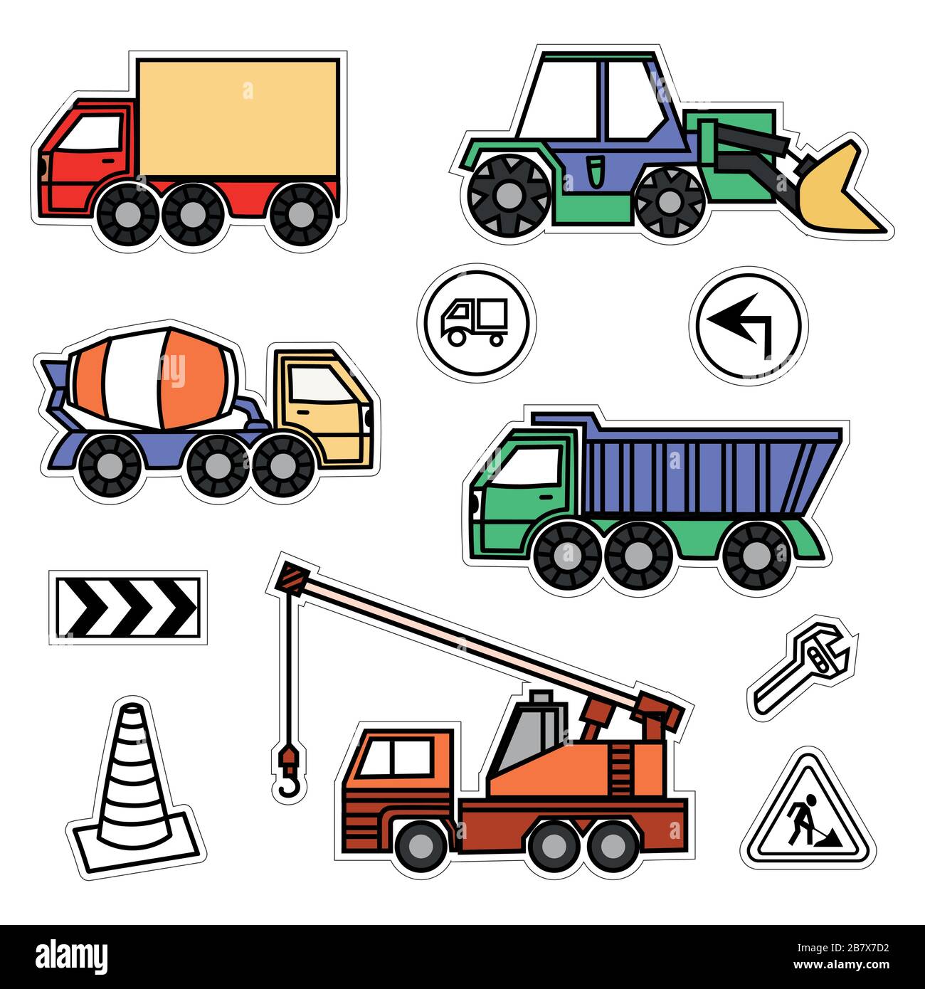 cartoon colored machines. concrete mixer, crane, dump truck , bulldozer, signs. stickers with a cutting outline, on a white isolated background. Stock Vector