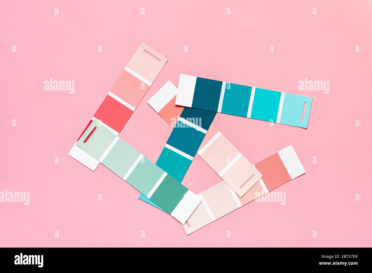 Selection of palette for painting, sample color catalog on a pink