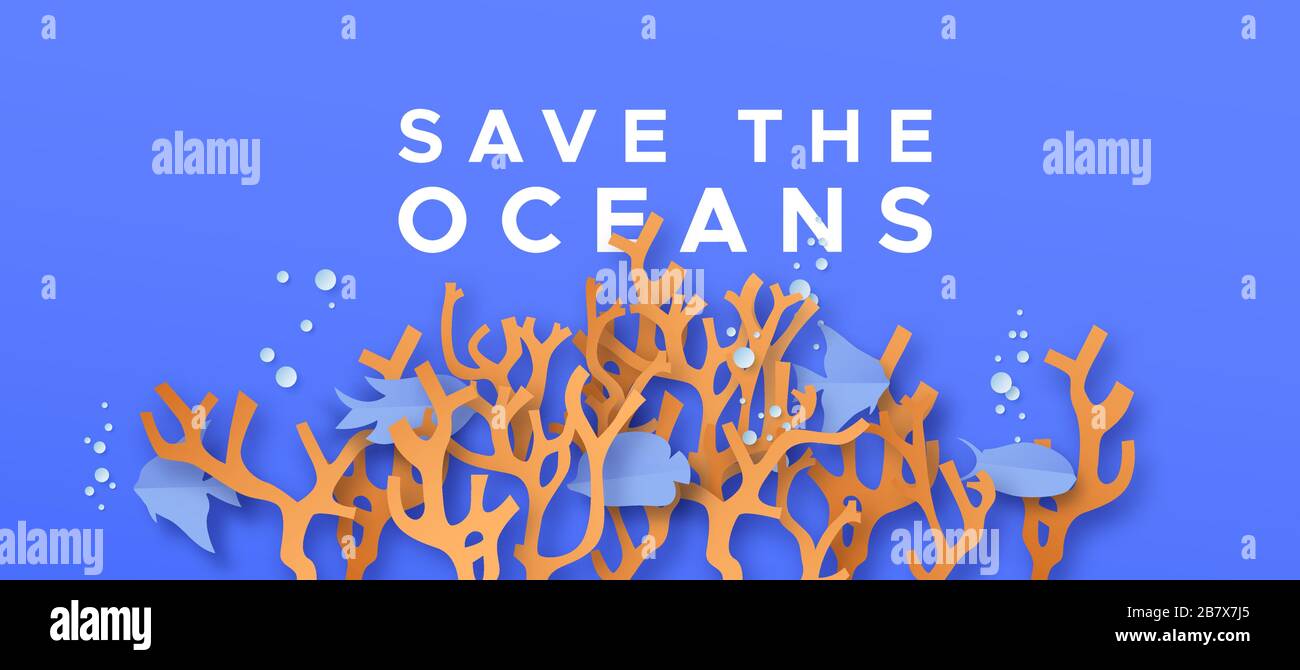 Save the oceans papercut illustration of colorful cutout coral reef with marine fish on blue sea water background. Underwater 3D paper cut design for Stock Vector