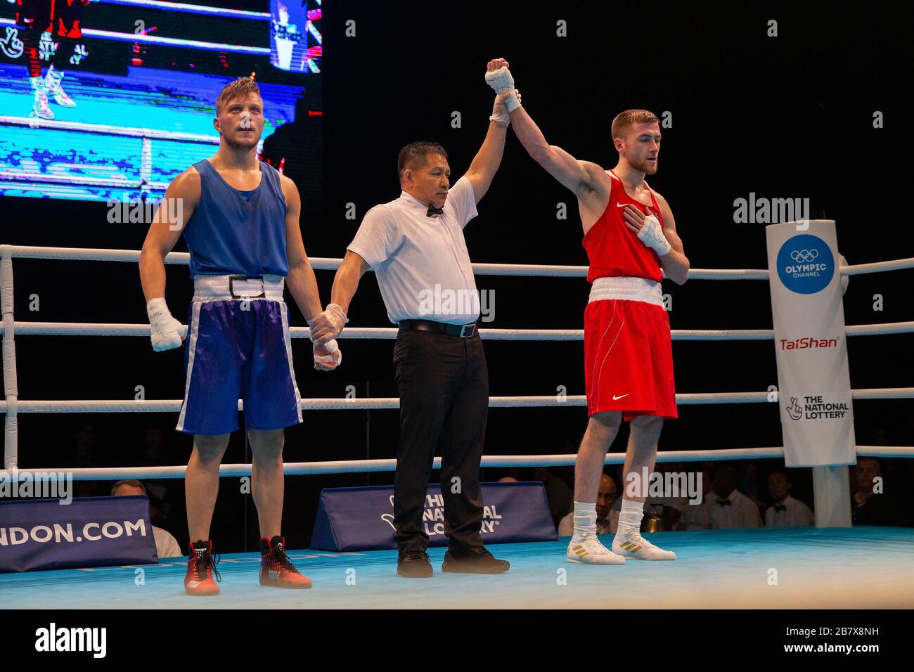 London, UK. 16-03-20. Adam Chartoi (SWE) RED fights Sorin-Mihai Caliniuc  (ROU) BLUE during the Road to Tokyo European Olympic Boxing Qualification  Stock Photo - Alamy