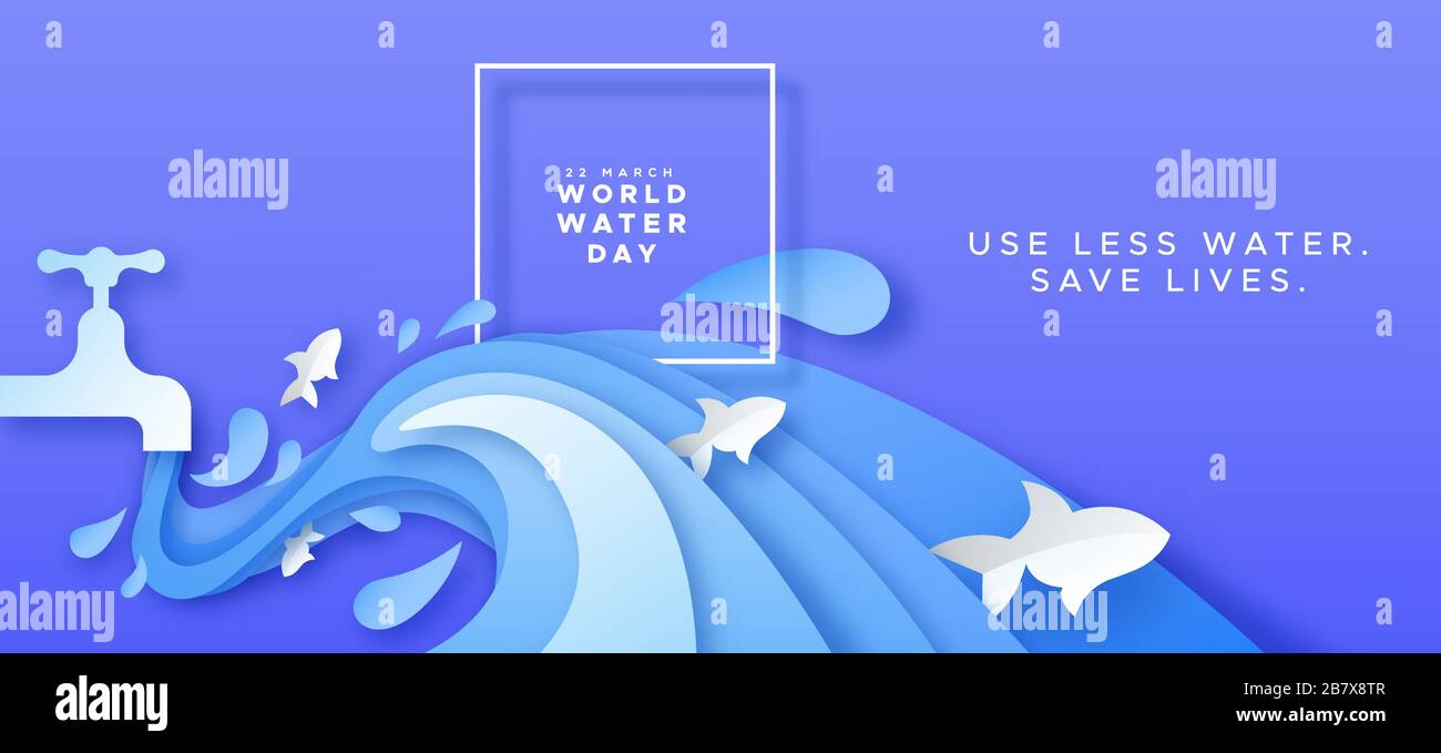 World Water day greeting card illustration of paper cut tap waters splash with fish for waste reduction concept. Papercut craft environment campaign i Stock Vector