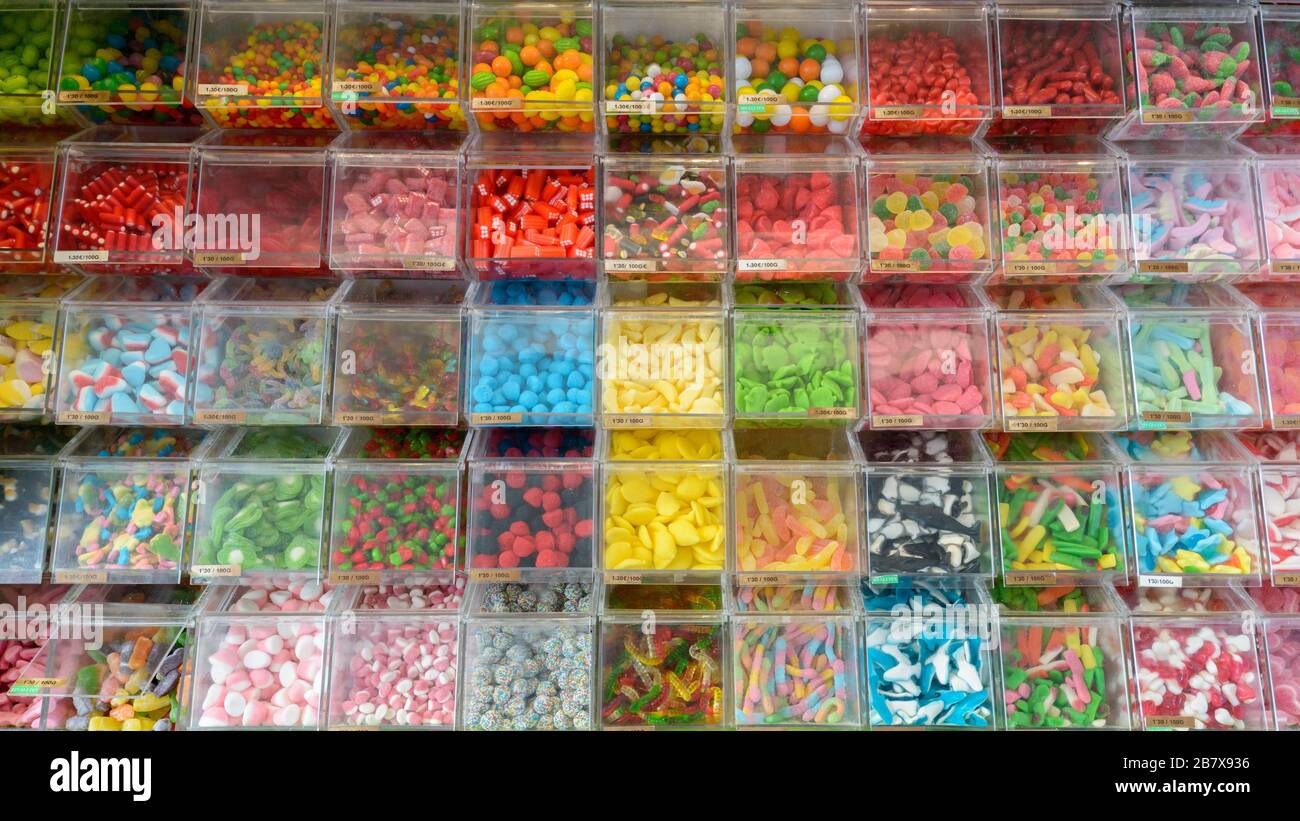 Variety of Colorful Candies Displayed at Sweet Store Stock Photo