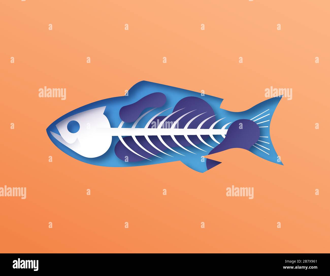 Papercut fish animal with cutout skeleton and toxic pollution inside. 3D paper cut craft concept of dirty ocean water contamination for environment he Stock Vector