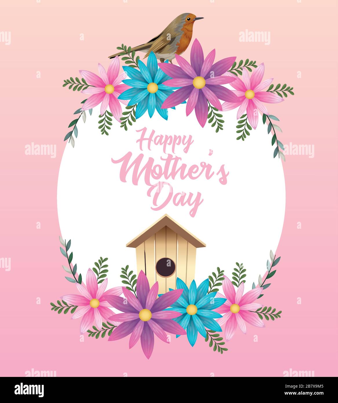 happy mothers day card with flowers and bird house circular frame Stock ...