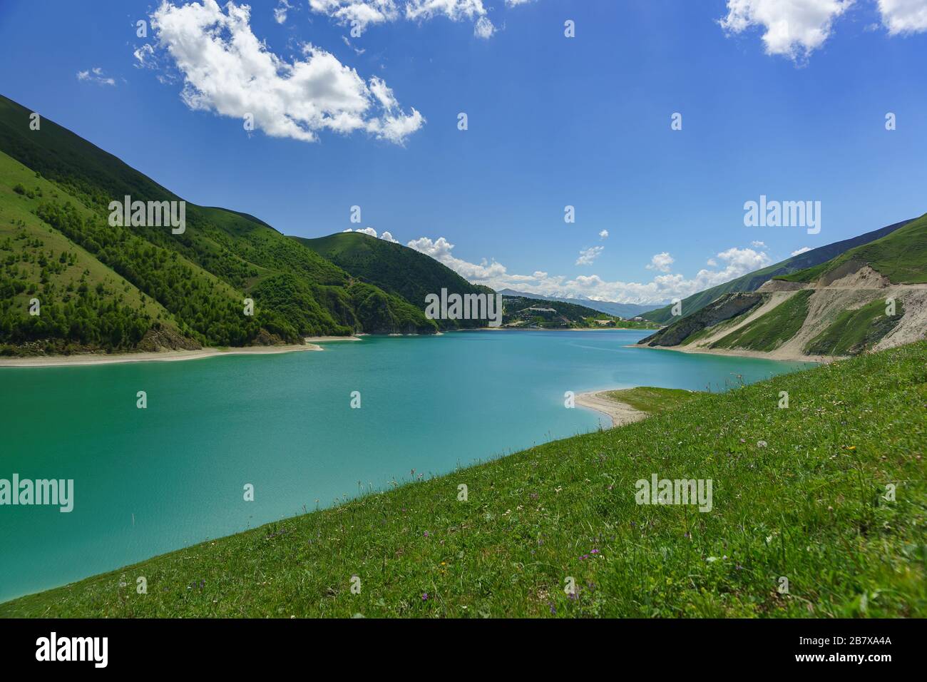 Beautiful mountain lake Kezenoi am. Sunny day in early summer. Vedensky district, Chechen Republic, Russia, North Caucasus Stock Photo